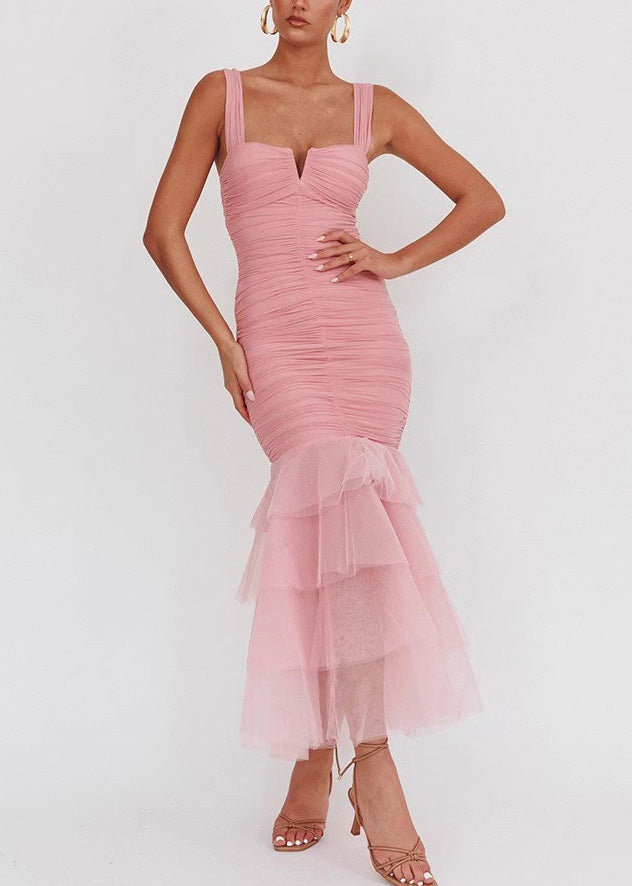 Slim Fit Pink Wrinkled Tulle Patchwork Long Dress Sleeveless