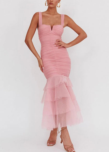 Slim Fit Pink Wrinkled Tulle Patchwork Long Dress Sleeveless