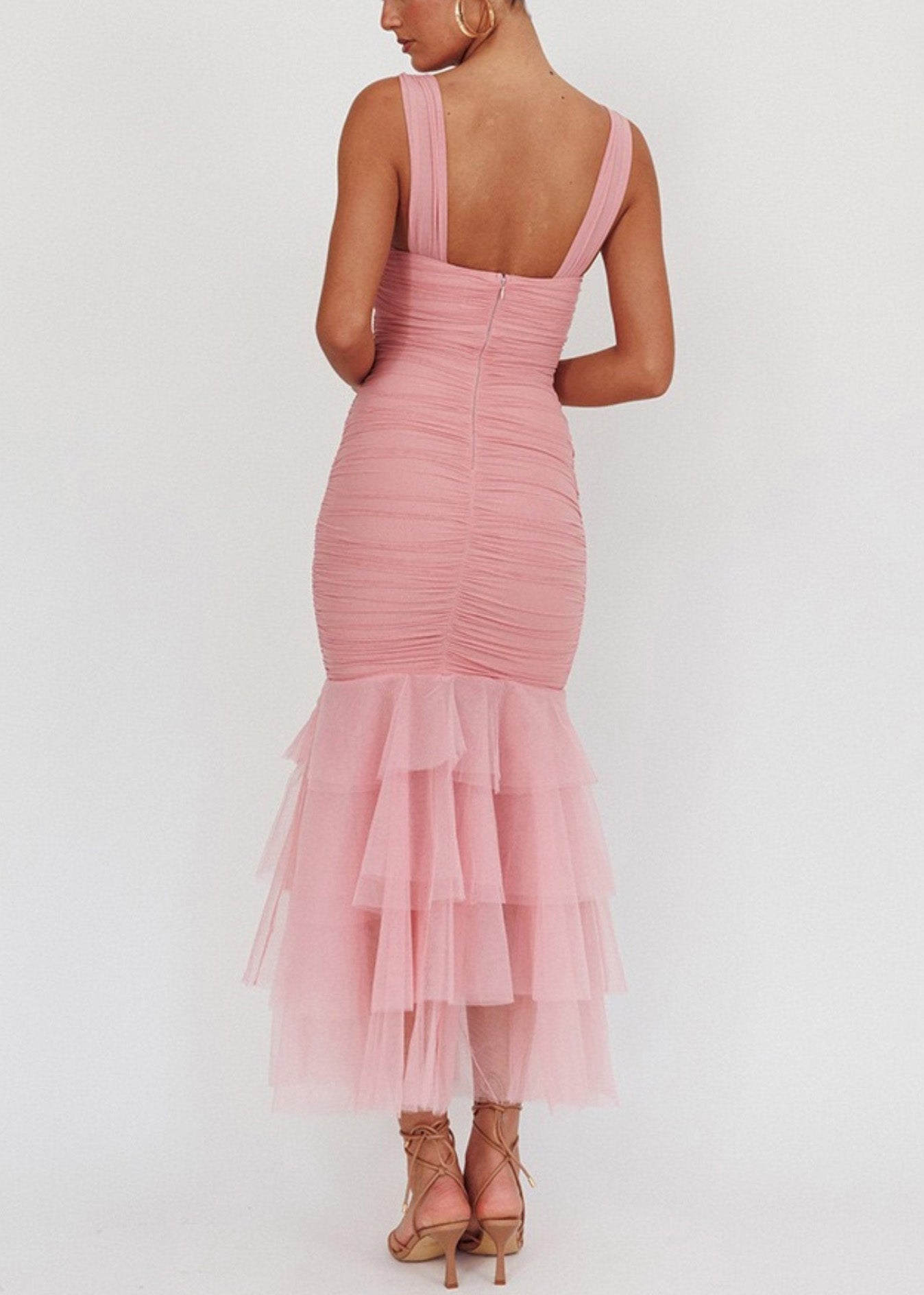Slim Fit Pink Wrinkled Tulle Patchwork Long Dress Sleeveless