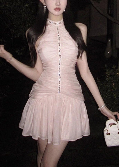 Slim Fit Pink Wrinkled Zircon Chiffon Dress Sleeveless