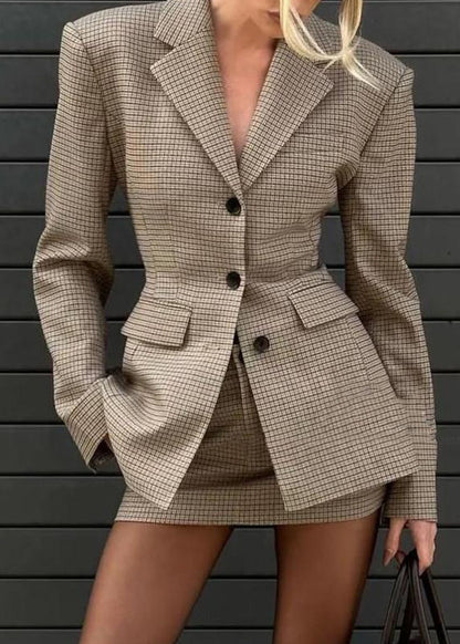 Slim Fit Plaid Button Coats And Skirts Two Piece Set Flare Sleeve