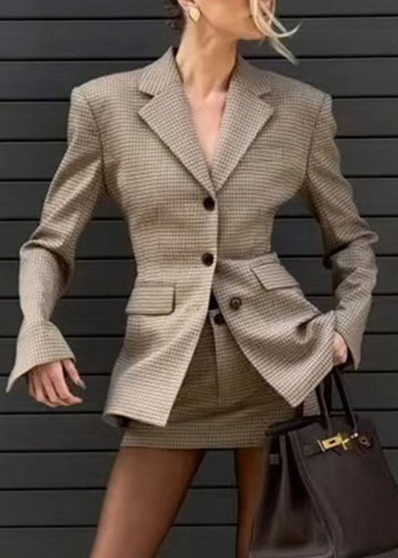 Slim Fit Plaid Button Coats And Skirts Two Piece Set Flare Sleeve