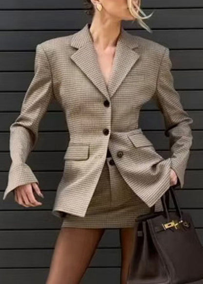 Slim Fit Plaid Button Coats And Skirts Two Piece Set Flare Sleeve