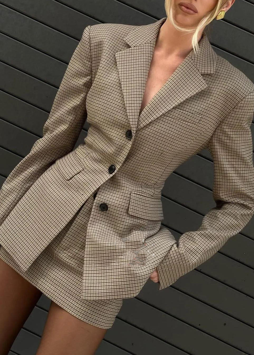 Slim Fit Plaid Button Coats And Skirts Two Piece Set Flare Sleeve