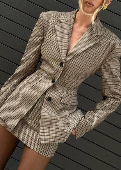 Slim Fit Plaid Button Coats And Skirts Two Piece Set Flare Sleeve