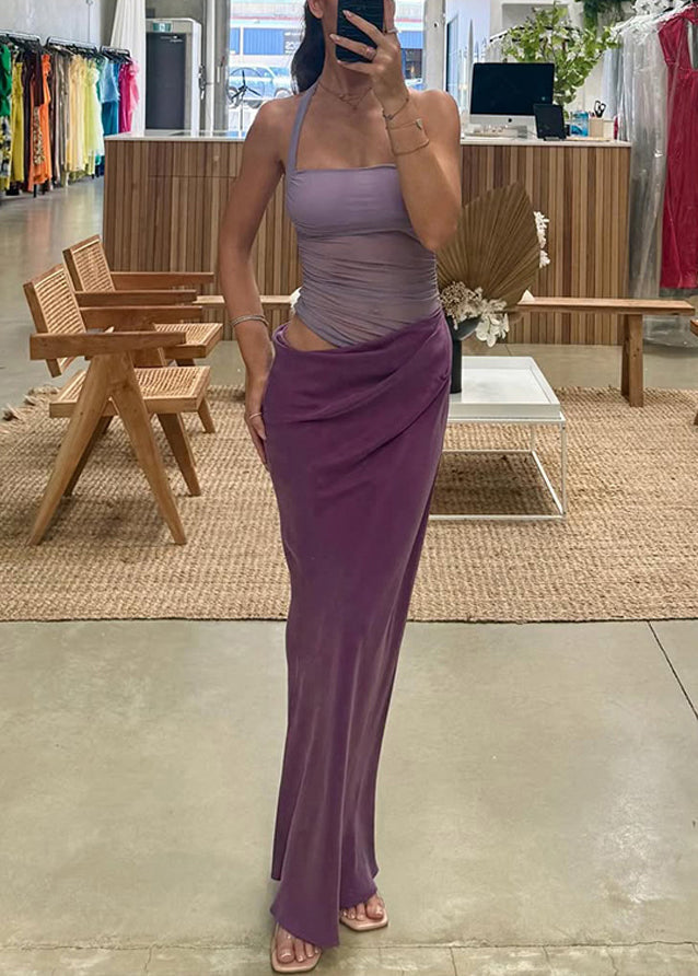 Slim Fit Purple Backless Tulle Patchwork Long Dress Sleeveless