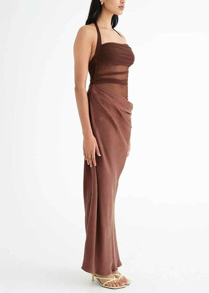 Slim Fit Purple Backless Tulle Patchwork Long Dress Sleeveless