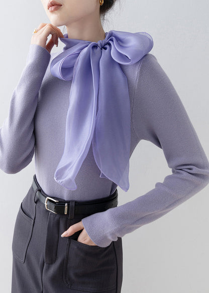 Slim Fit Purple Hign Neck Bow Knit Sweaters Spring