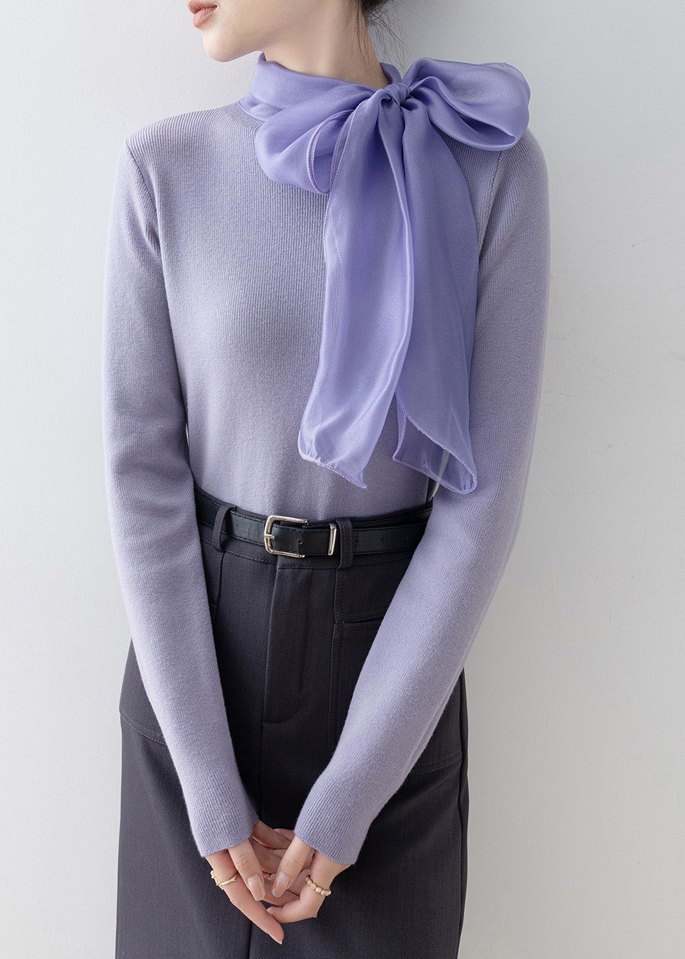 Slim Fit Purple Hign Neck Bow Knit Sweaters Spring