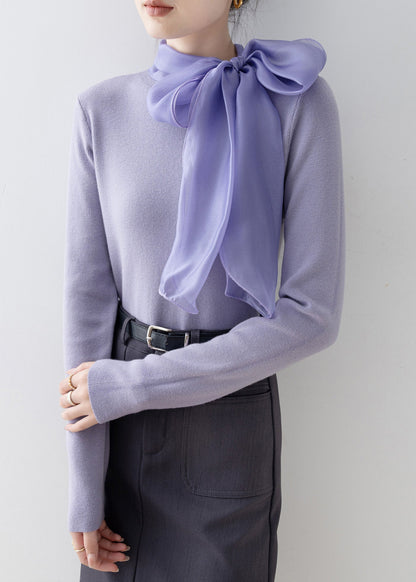 Slim Fit Purple Hign Neck Bow Knit Sweaters Spring