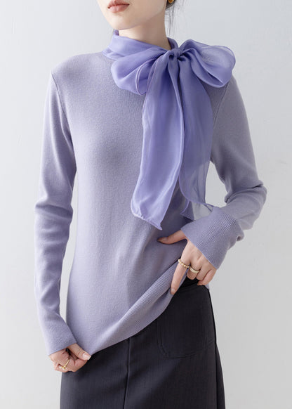 Slim Fit Purple Hign Neck Bow Knit Sweaters Spring