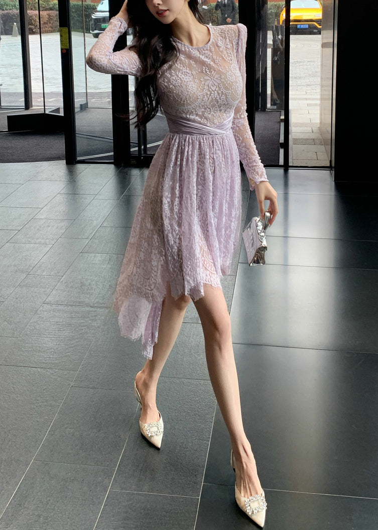 Slim Fit Purple Hollow Out Low High Design Lace Dresses Fall