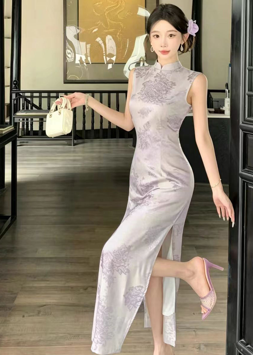 Slim Fit Purple Mandarin Collar Side Open Dress Sleeveless