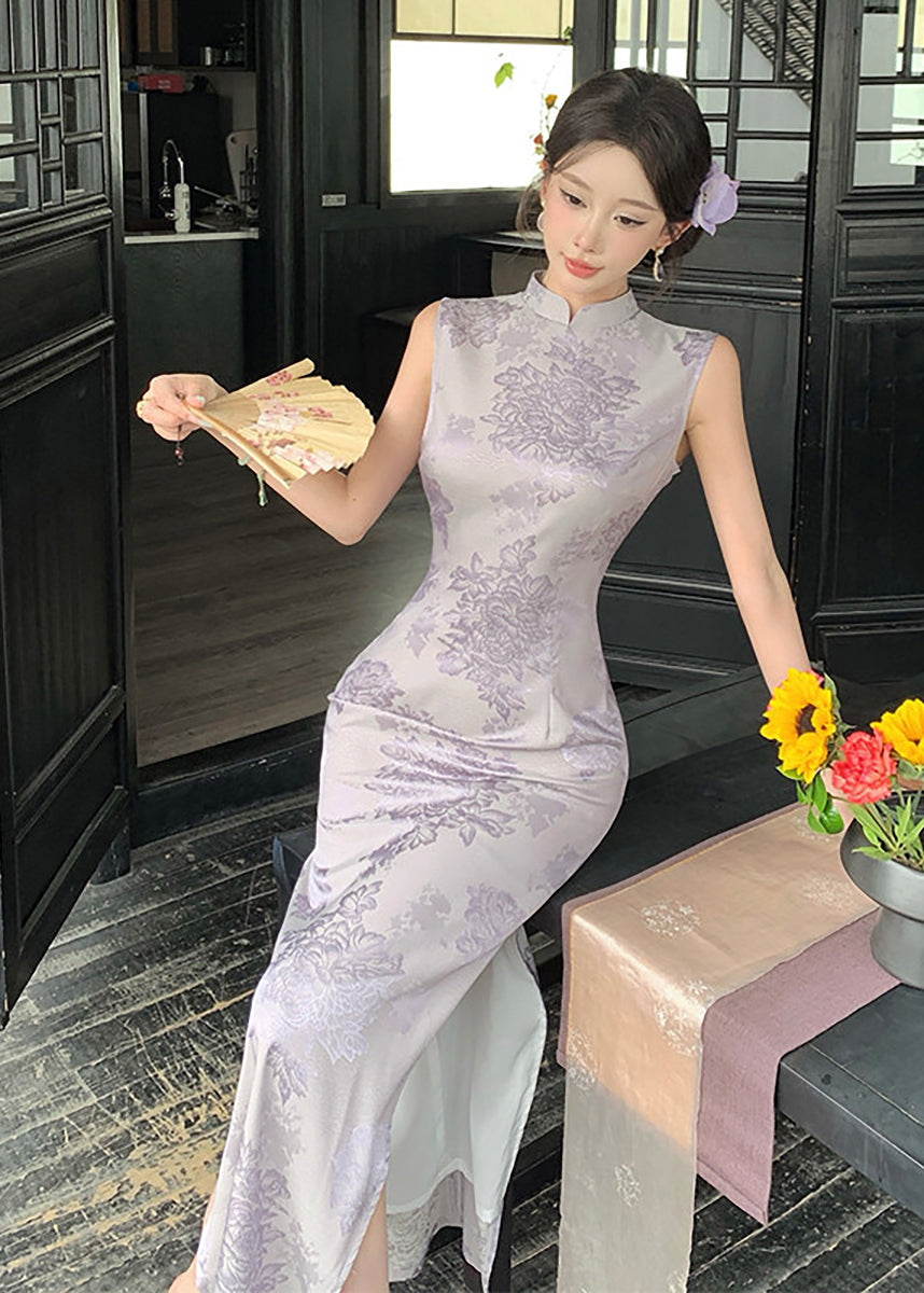 Slim Fit Purple Mandarin Collar Side Open Dress Sleeveless
