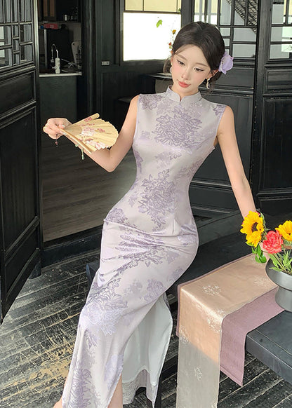 Slim Fit Purple Mandarin Collar Side Open Dress Sleeveless