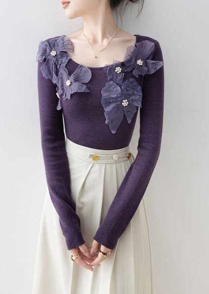 Slim Fit Purple O Neck Nail Bead Floral Knit Top Spring