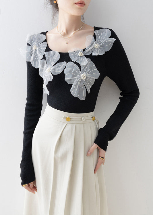 Slim Fit Purple O Neck Nail Bead Floral Knit Top Spring