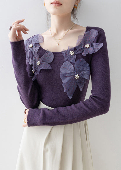 Slim Fit Purple O Neck Nail Bead Floral Knit Top Spring