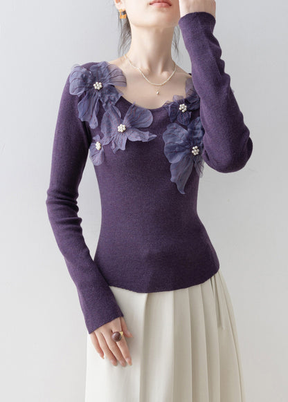 Slim Fit Purple O Neck Nail Bead Floral Knit Top Spring