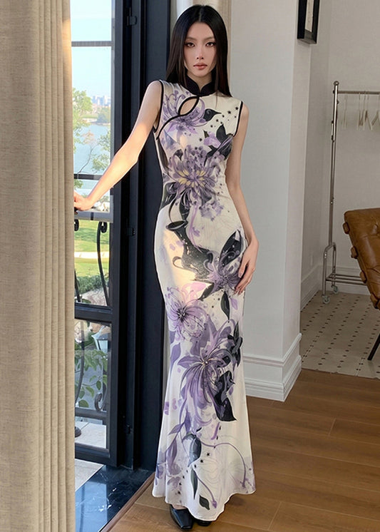 Slim Fit Purple Stand Collar Patchwork Maxi Dresses Sleeveless