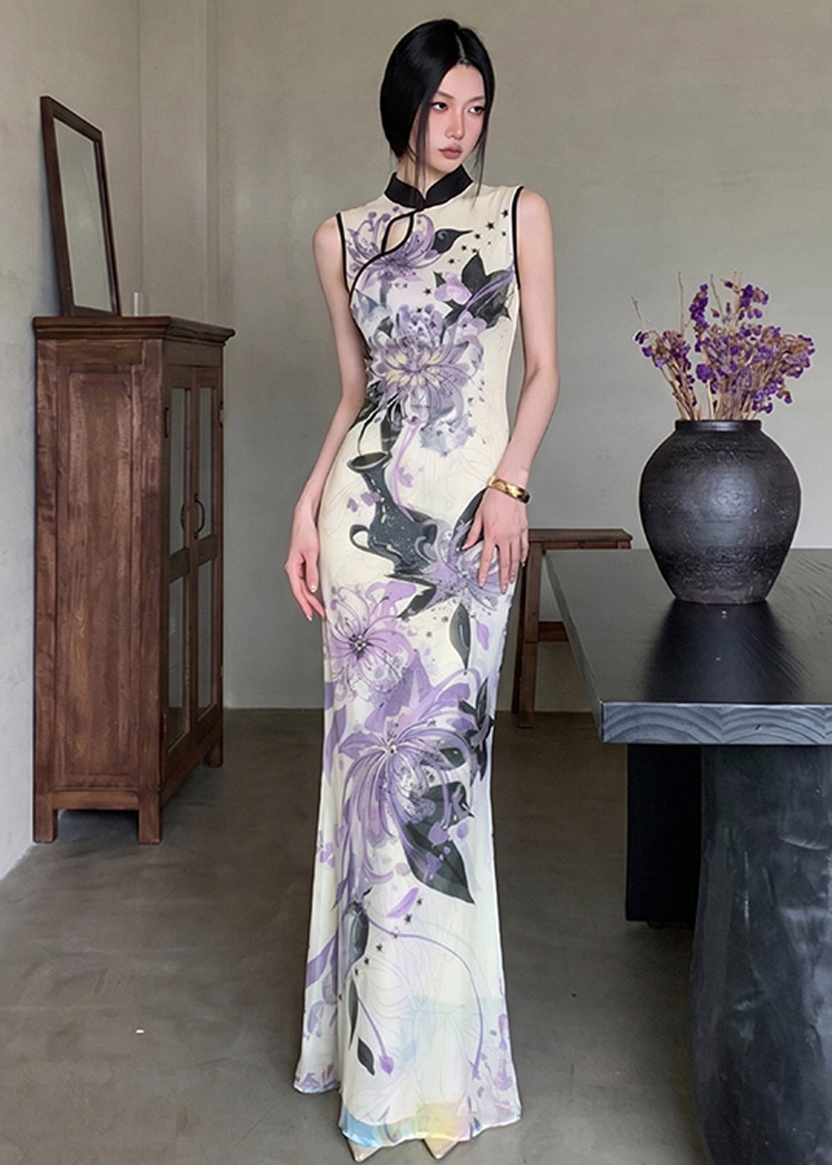 Slim Fit Purple Stand Collar Patchwork Maxi Dresses Sleeveless