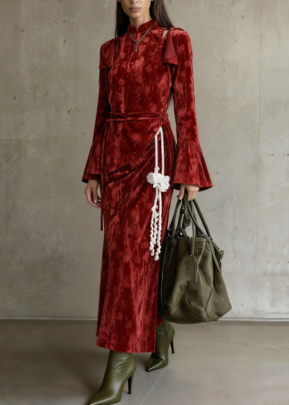 Slim Fit Red Asymmetrical Lace Up Silk Velvet Three Piece Set Flare Sleeve