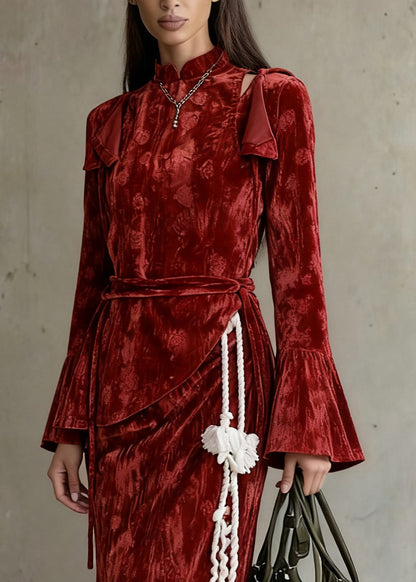Slim Fit Red Asymmetrical Lace Up Silk Velvet Three Piece Set Flare Sleeve