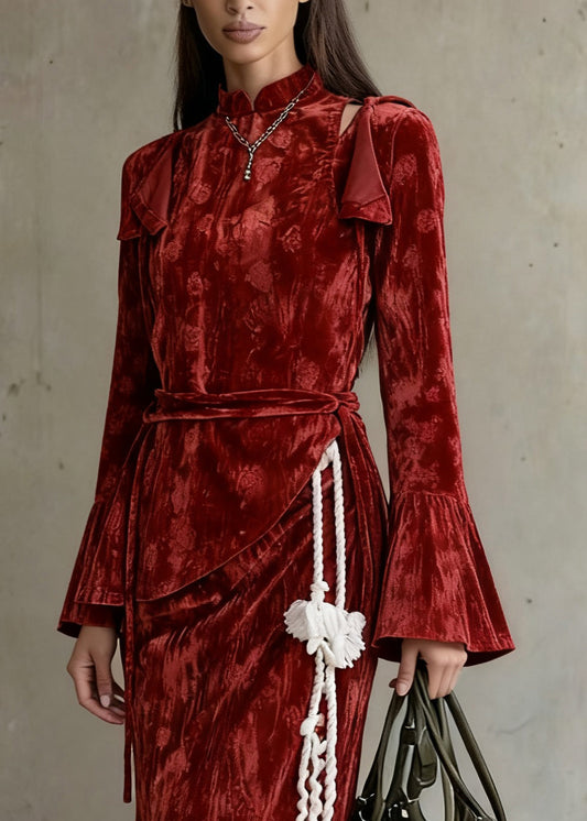 Slim Fit Red Asymmetrical Lace Up Silk Velvet Three Piece Set Flare Sleeve