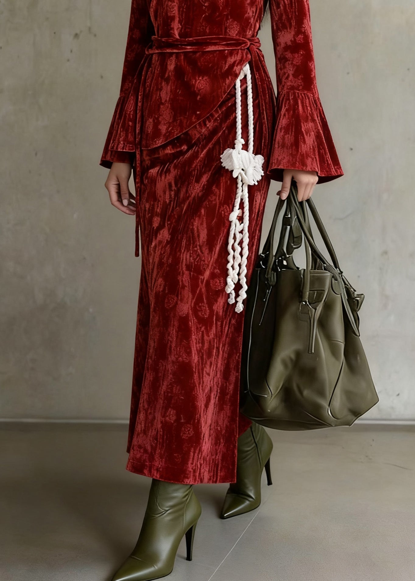 Slim Fit Red Asymmetrical Lace Up Silk Velvet Three Piece Set Flare Sleeve