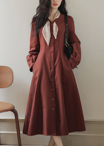 Slim Fit Red Bow Button Pockets Maxi Dress Spring