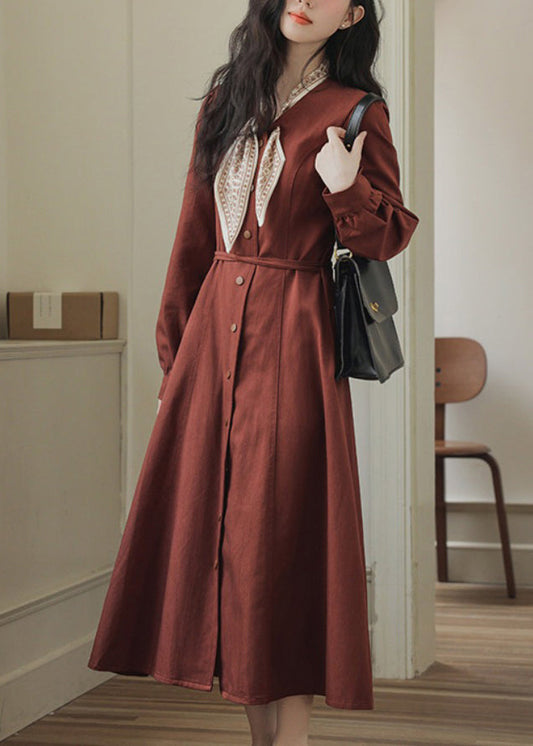 Slim Fit Red Bow Button Pockets Maxi Dress Spring