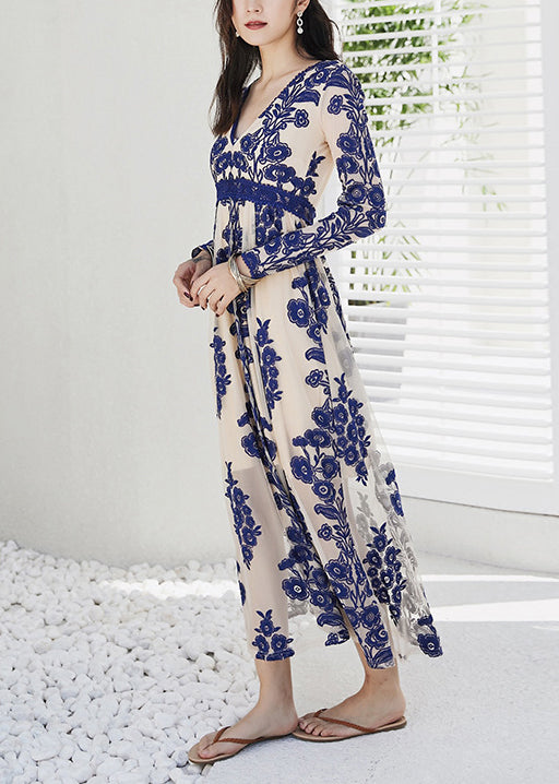 Slim Fit Red Embroidered High Waist Tulle Maxi Dresses Spring