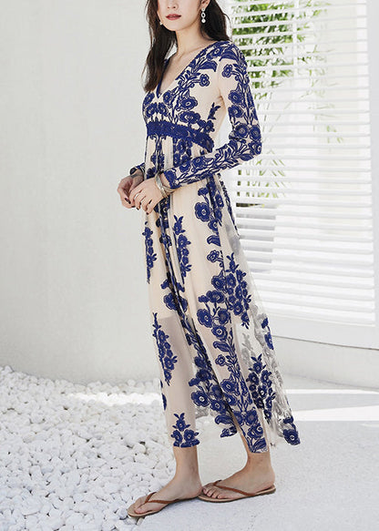 Slim Fit Red Embroidered High Waist Tulle Maxi Dresses Spring