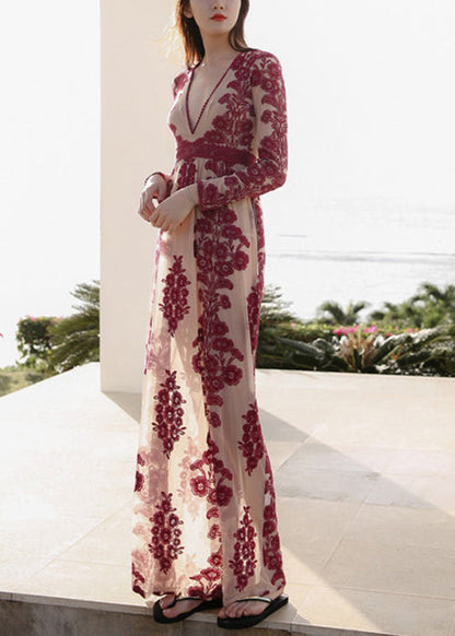 Slim Fit Red Embroidered High Waist Tulle Maxi Dresses Spring