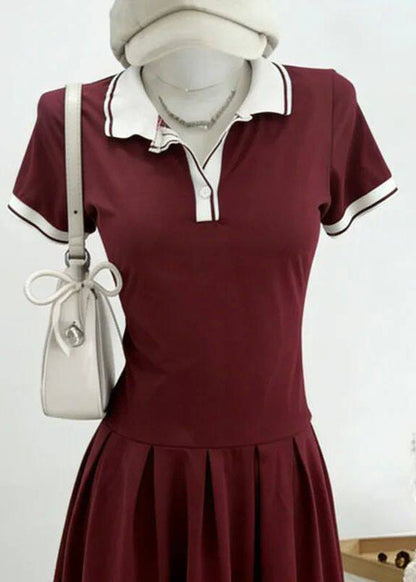 Slim Fit Red Peter Pan Collar Patchwork Mid Dress Short Sleeve