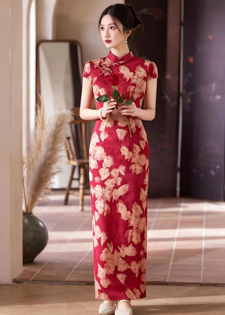 Slim Fit Red Print Mandarin Collar Chinese  Buttons Side Open Dresses Summer