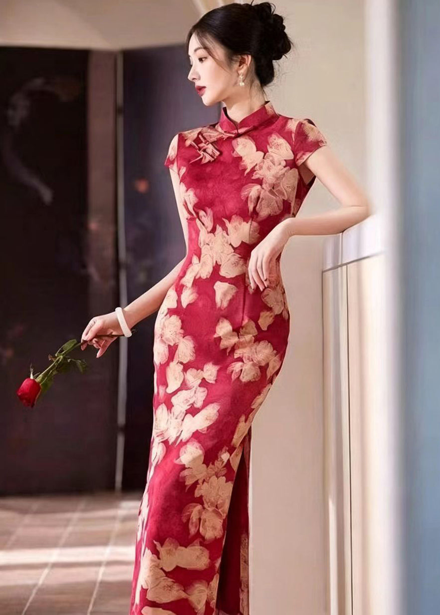 Slim Fit Red Print Mandarin Collar Chinese  Buttons Side Open Dresses Summer