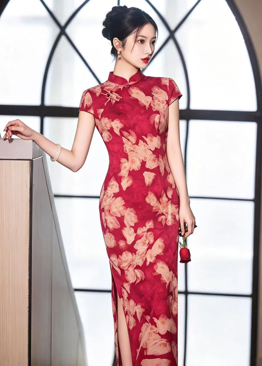 Slim Fit Red Print Mandarin Collar Chinese  Buttons Side Open Dresses Summer