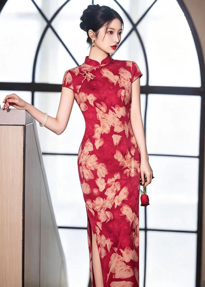 Slim Fit Red Print Mandarin Collar Chinese  Buttons Side Open Dresses Summer