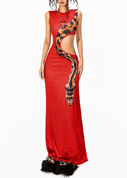 Slim Fit Red Python Print Hollow Out Vacation Maxi Dresses Summer