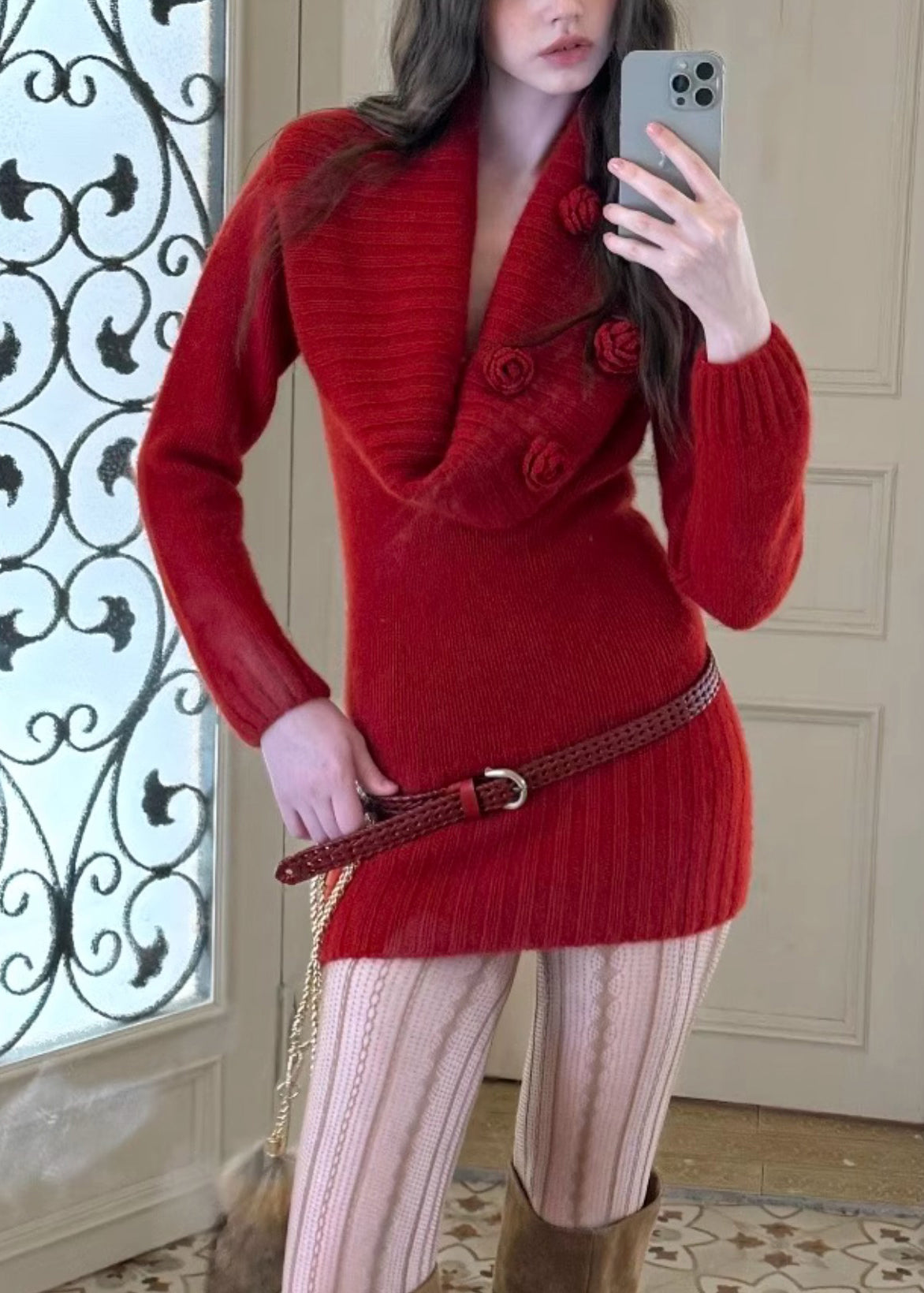 Slim Fit Red Solid Floral Sashes Cotton Knit Mid Sweater Dress Spring