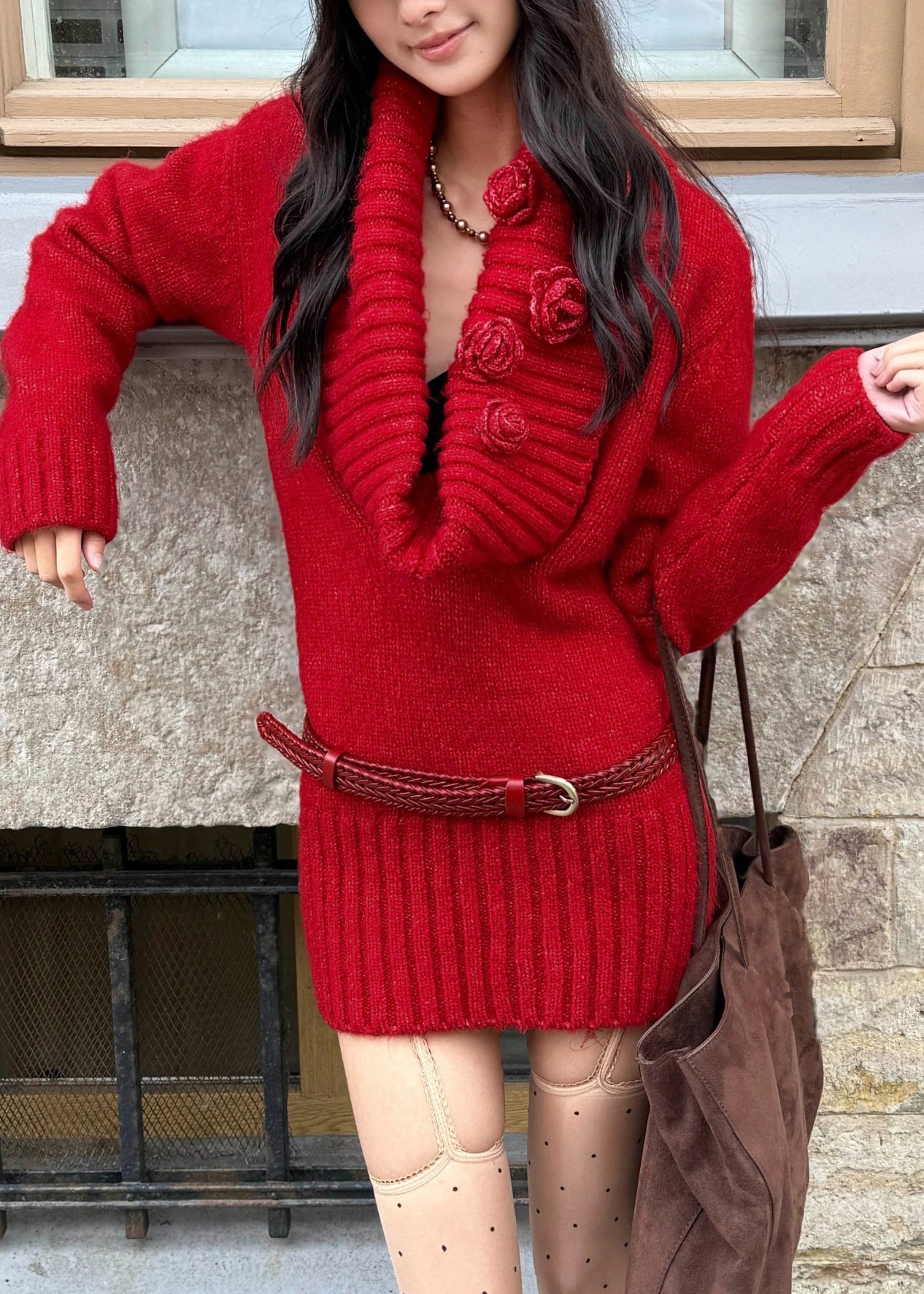 Slim Fit Red Solid Floral Sashes Cotton Knit Mid Sweater Dress Spring