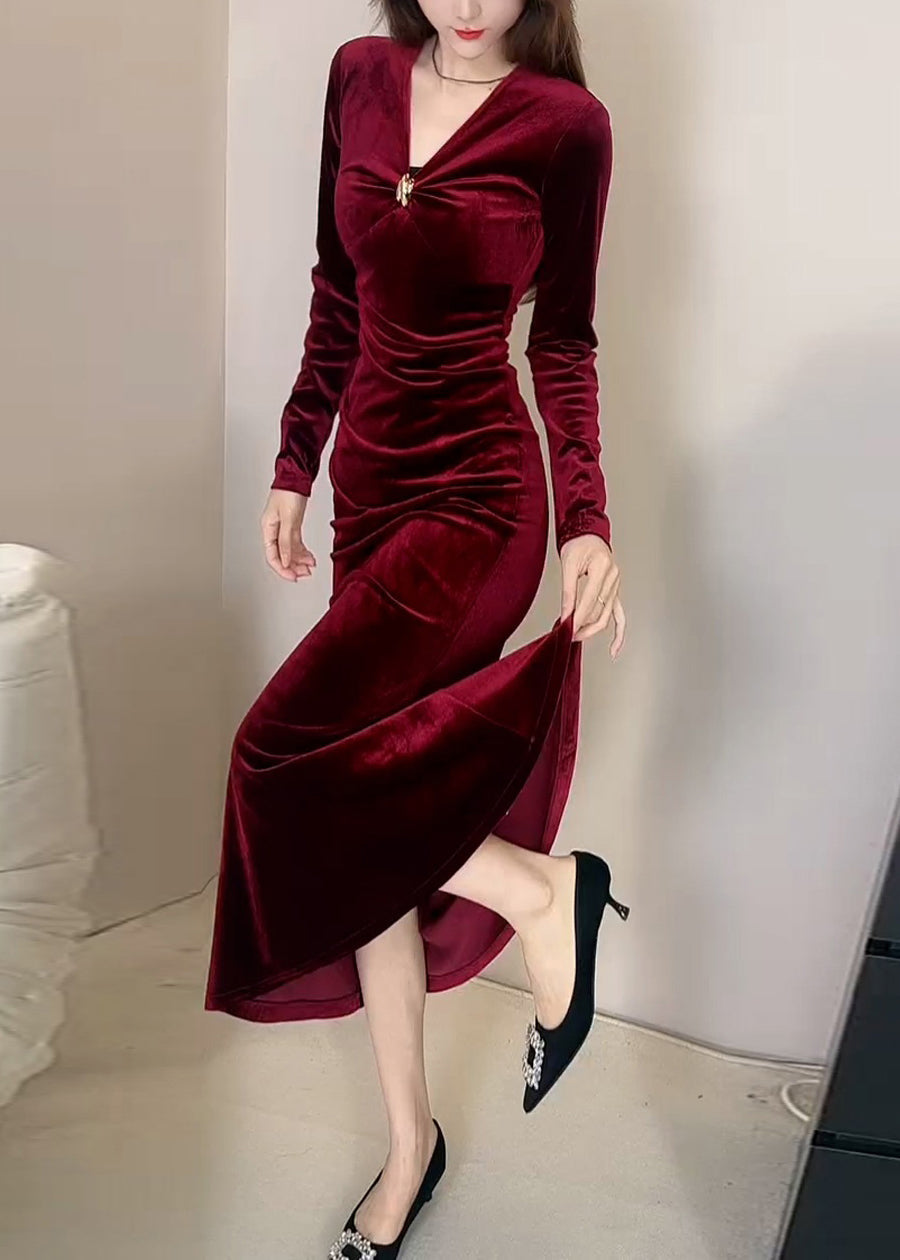 Slim Fit Red V Neck High Waist Silk Velvet Long Dress Winter