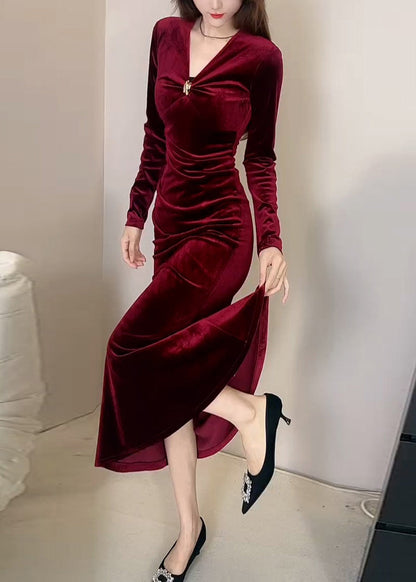 Slim Fit Red V Neck High Waist Silk Velvet Long Dress Winter