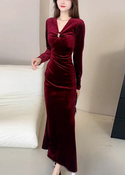 Slim Fit Red V Neck High Waist Silk Velvet Long Dress Winter