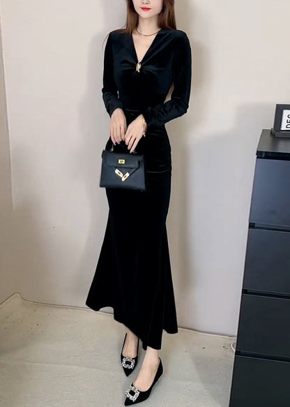 Slim Fit Red V Neck High Waist Silk Velvet Long Dress Winter