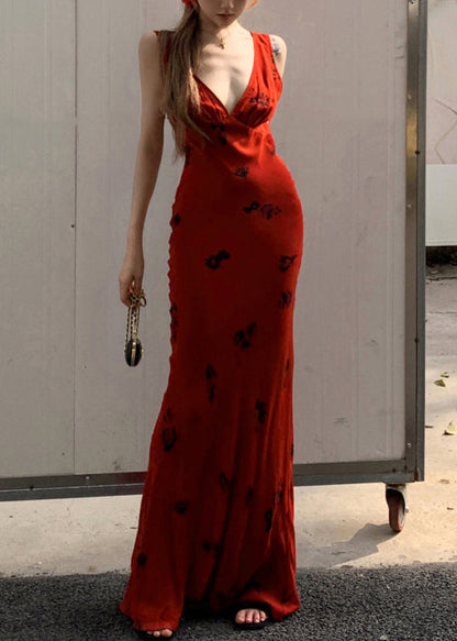 Slim Fit Red V Neck Print Lace Up Cotton Maxi Dresses Sleeveless