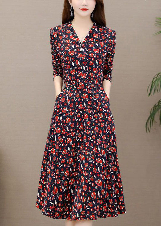 Slim Fit Red V Neck Print Long Dress Long Sleeve