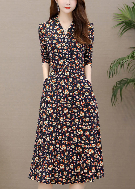 Slim Fit Red V Neck Print Long Dress Long Sleeve