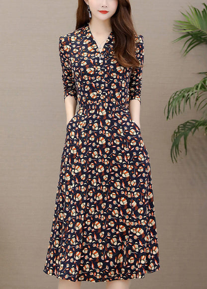 Slim Fit Red V Neck Print Long Dress Long Sleeve